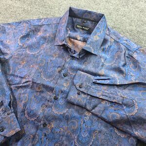 Barry Wang Silk Blend Paisley Shirt Mens Large Blue Bronze Jacquard Dress L/S